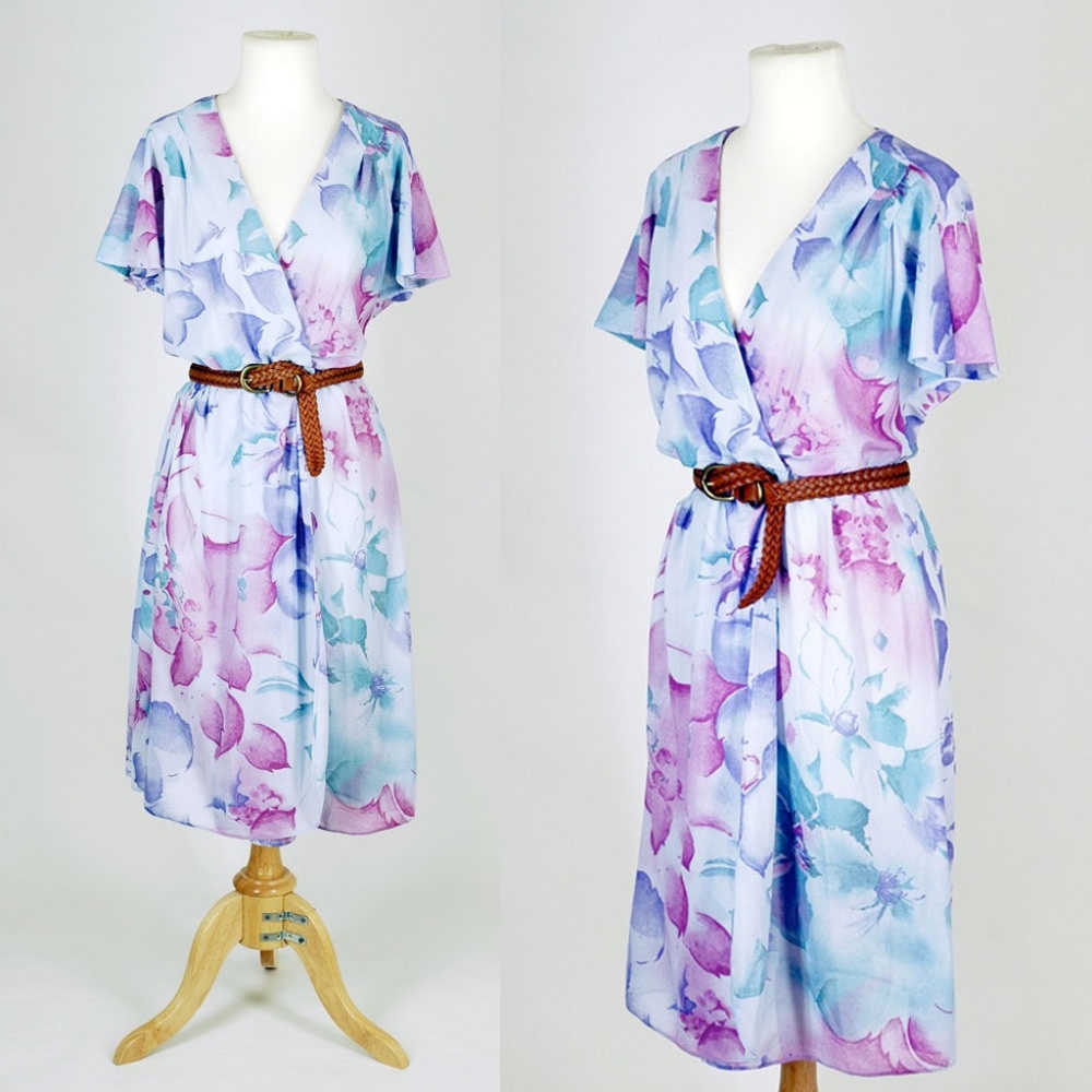 Vintage 1970s Blue Purple Floral Wrap Dress Medium